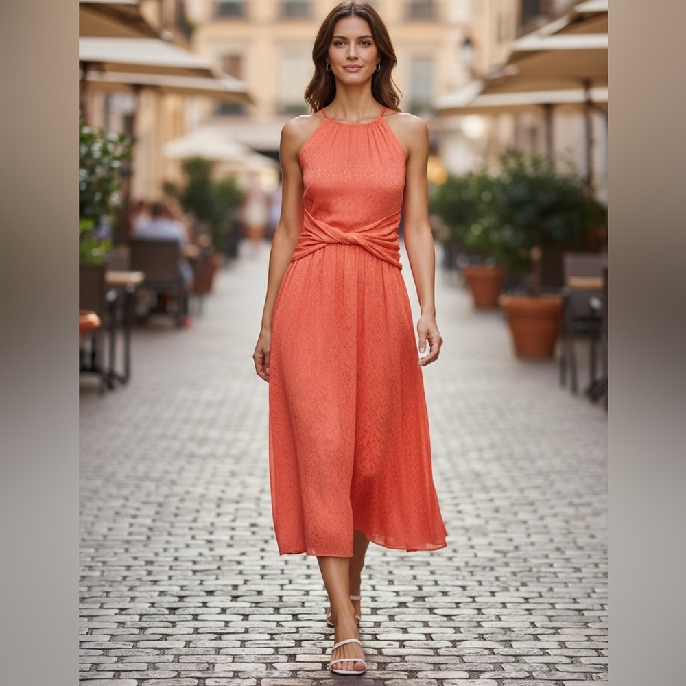 DKNY Halter Neck, Twist Waist Dress Coral Orange Halter A-Line Sleeveless Size 4